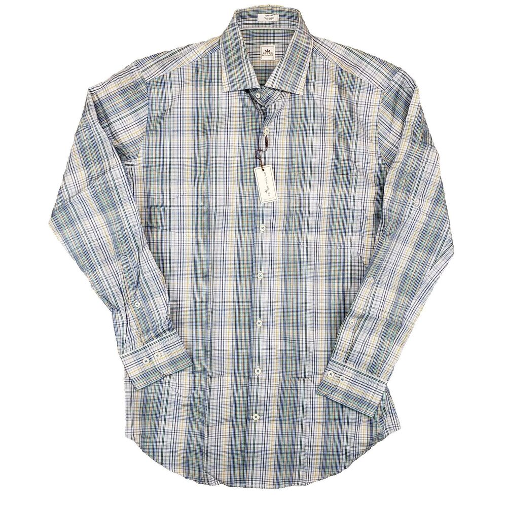 Peter Millar Men's Medium Classic Fit Plaid‎ Cotton Shirt Blue Yellow NWT